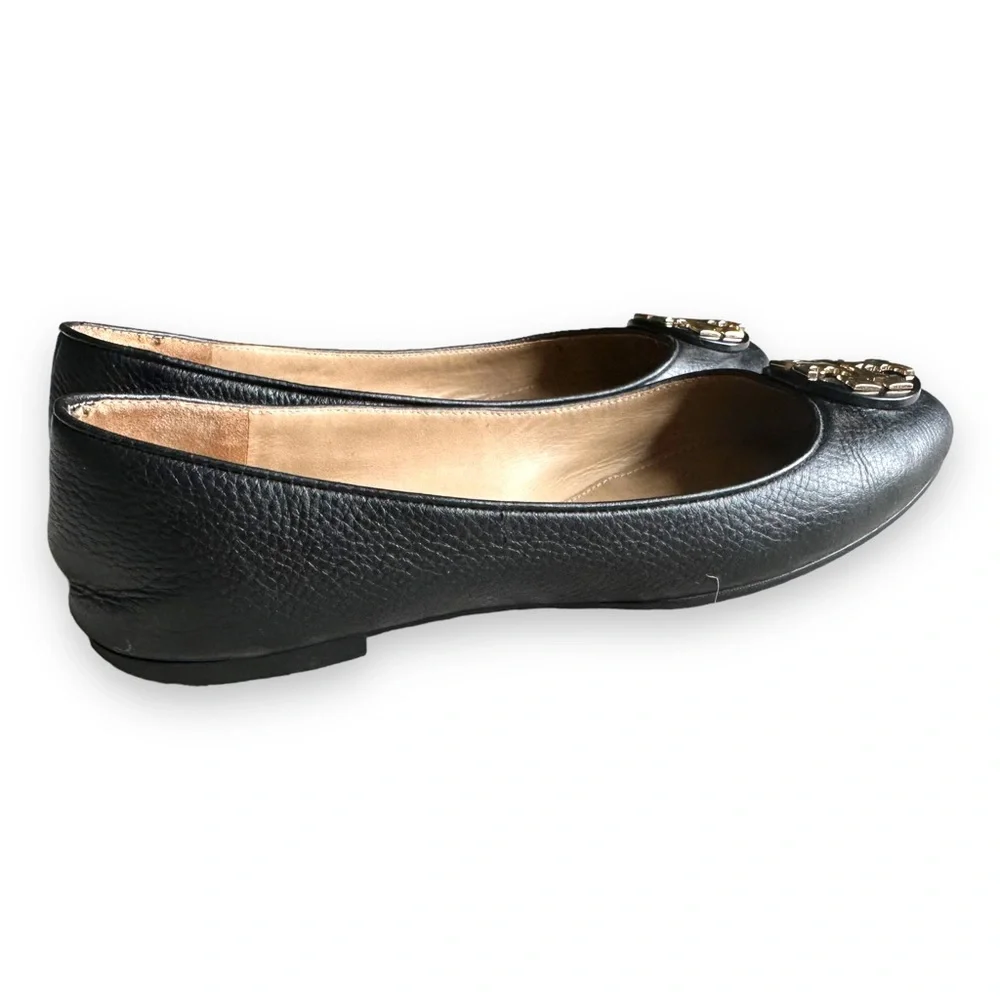 Tory Burch Black Leather Logo Ballet Flats with Gold Emblem - Picture 4 of 11